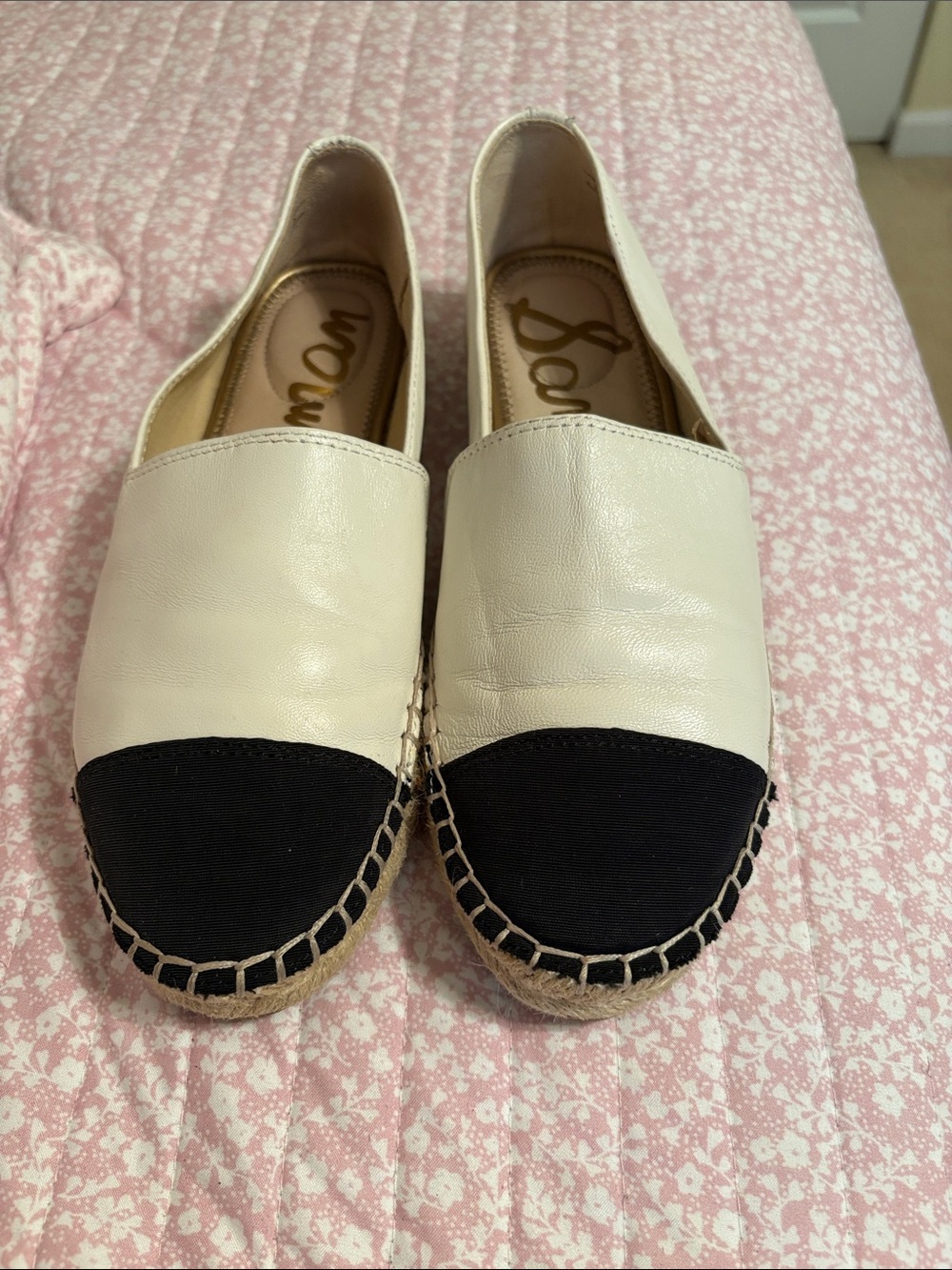 Sam Edelman Cream Leather Espadrille Flats with Black Toe Cap
